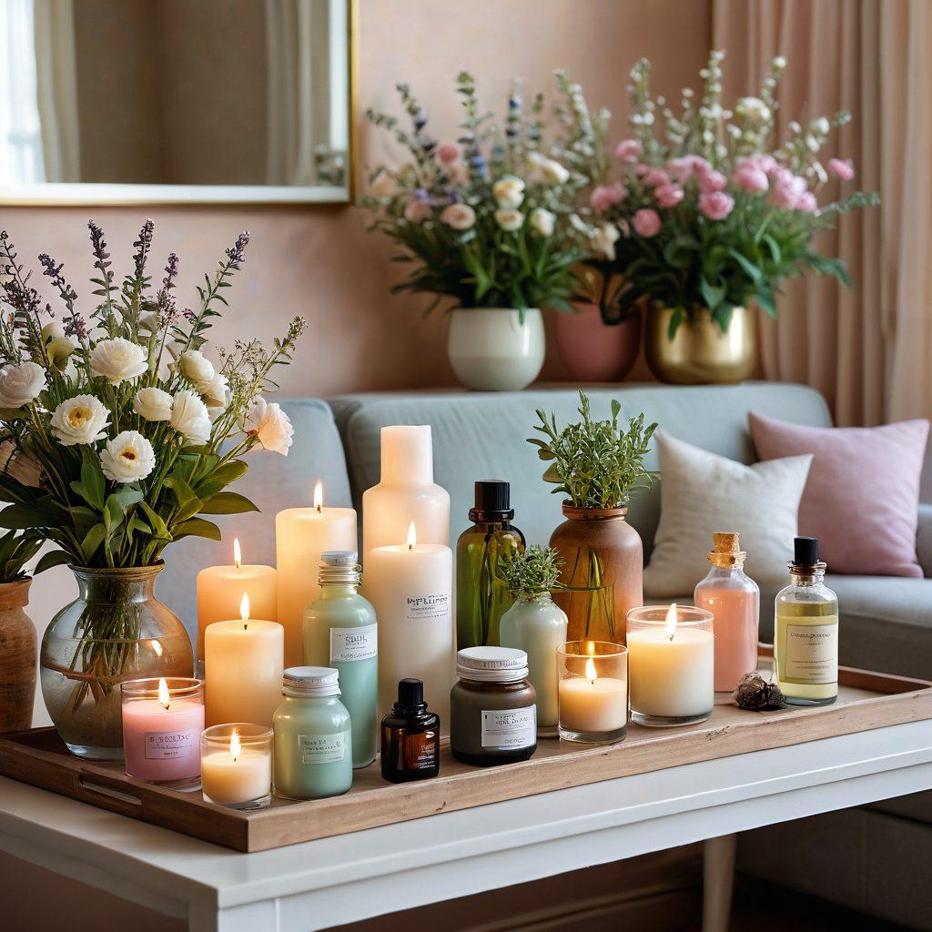 A cozy, inviting living room filled with various scent diffusers, candles, and essential oils. A person is elegantly blending fragrances, surrounded by fresh flowers and herbs, creating a warm atmosphere. Soft lighting enhances the soothing vibe, while elegant glass bottles showcase different scents. Include decorative elements like books about aromatherapy and fragrant plants. pastel colors. cozy and inviting.