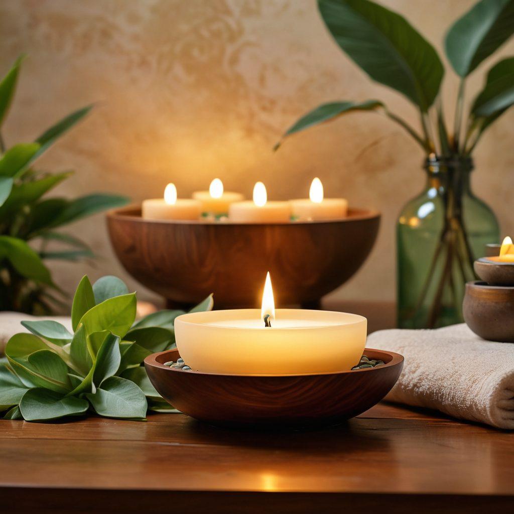 A serene spa setting featuring a diffuser emitting gentle wisps of aromatic steam, surrounded by vibrant essential oil bottles in soothing earth tones. Soft candles glow in the background, lending a warm ambiance. Delicate flowers and green plants add a touch of nature, while a person peacefully practices meditation nearby, embodying calmness and tranquility. The overall scene evokes a sense of relaxation and mood transformation. super-realistic. vibrant colors. peaceful ambiance.