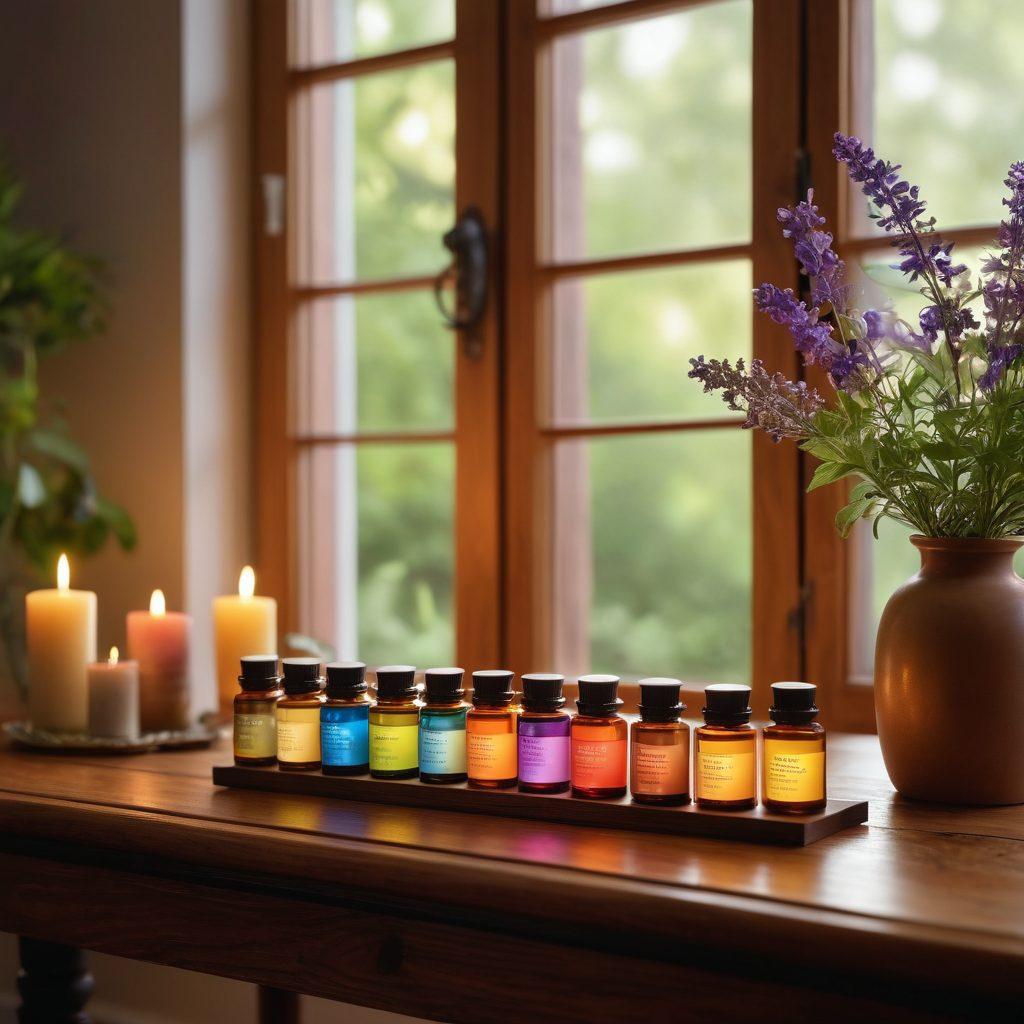 A serene aroma therapy scene featuring an elegant wooden table adorned with an assortment of colorful essential oil bottles, fragrant herbs, and scented candles. In the background, there are delicate layers of floral imagery blending harmoniously, emphasizing the art of scent layering. Soft light filters through a window, casting a warm glow over the setup, invoking a tranquil and inviting atmosphere. floral art, super-realistic, vibrant colors.